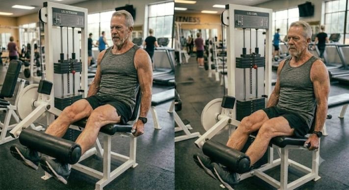 A 60s man doing Leg Extensions and Leg Curls