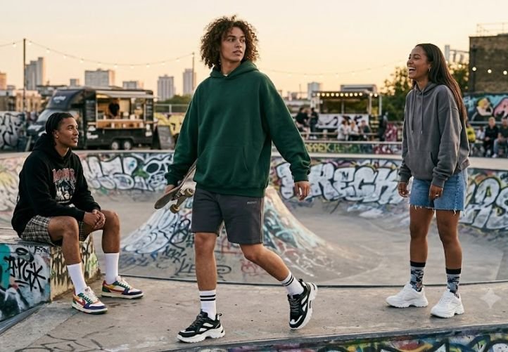 A man in streetwear Oversized Hoodie + Shorts + High Socks + Sneakers