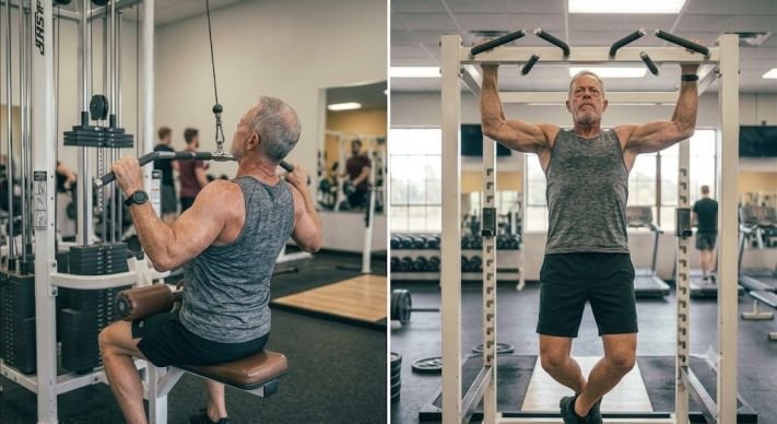 A senior man doing Pull-Downs and Pull-Ups
