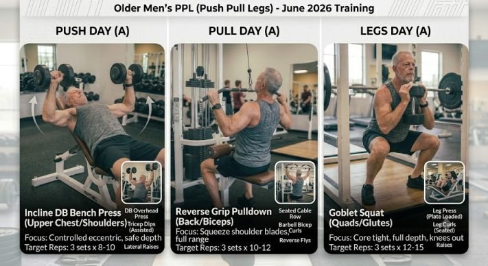 Older man doing Push/Pull/Legs exercise 