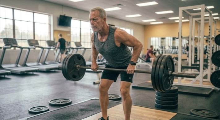 A man in his 60s doing rows exercise 