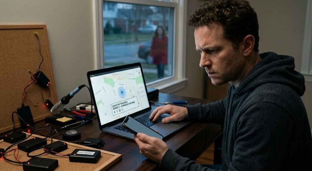 A man who is tracking his wife with tracking device 