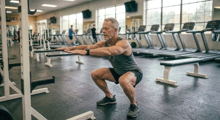 A man in his 60s building muscle with squats exercise 