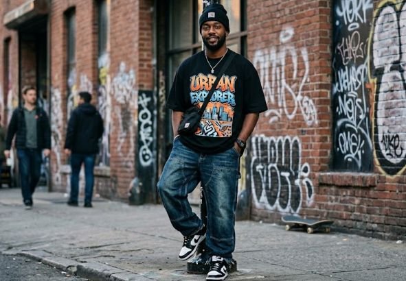 A man in streetwear men's outfit
