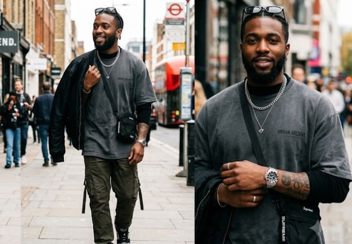 A man in a streetwear outfit of Watches, Chains, and Minimal Jewelry 