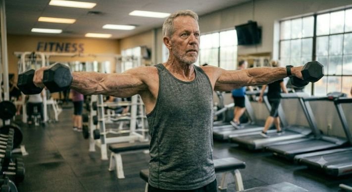 An older man doing lateral raises