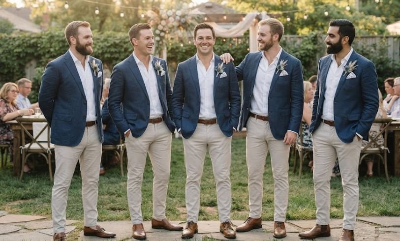 Groomsmen in Blazer And Chinos For A Casual Backyard Wedding