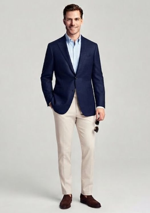 A wedding guest wearing men's Blazer With Chinos