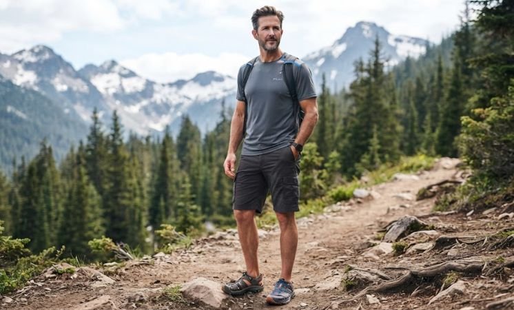 An outfit of Cargo Shorts, Technical Tee, And Trail Sandals