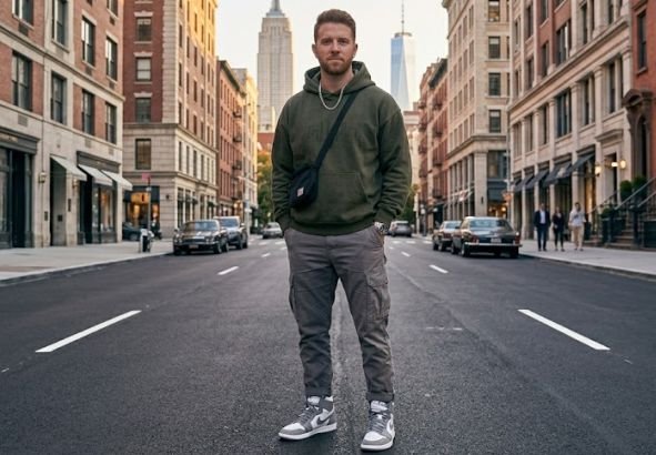 A man in a streetwear outfit