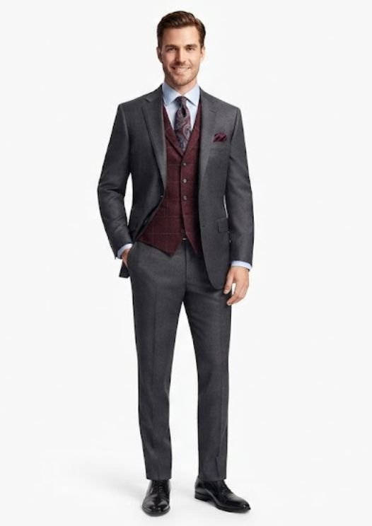 A man in a Charcoal Suit With Odd Waistcoat for wedding guest