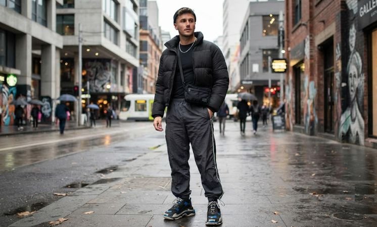 Cropped Puffer, Nylon Track Pants, And Chunky Sneakers outfit
