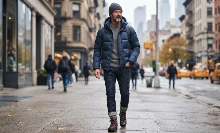 A man in an outfit of Down Jacket, Beanie, Wool Socks, And Boots