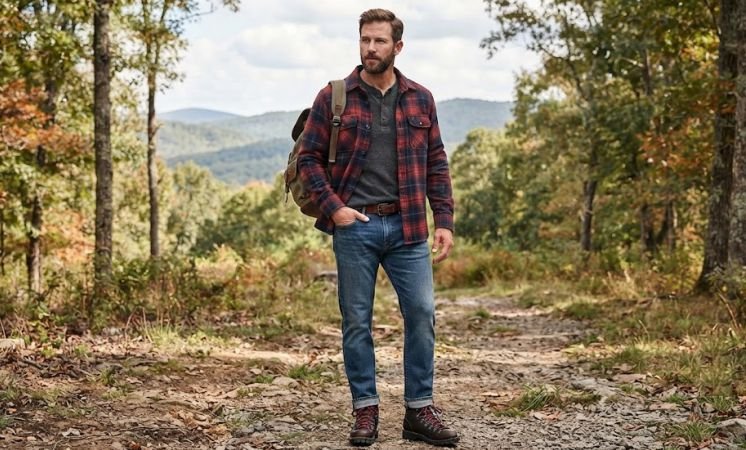 A man in Flannel Overshirt, Straight Jeans, And Hiking Boots