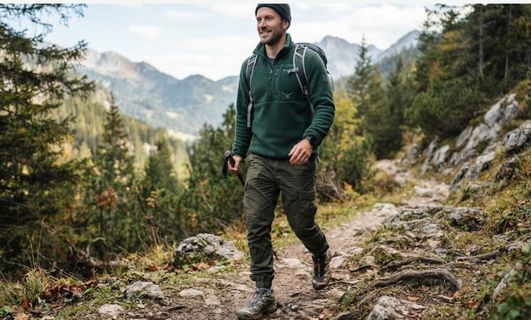 A man wearing Fleece Half-Zip, Cargo Pants, And Trail Sneakers