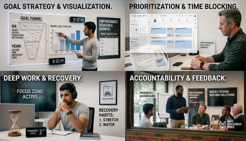 Goal Setting and Productivity - men in different productivity and goal-setting activities