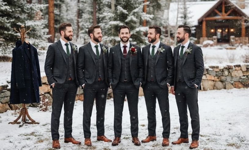 Groomsmen in Three-Piece Suits For A Winter Wedding