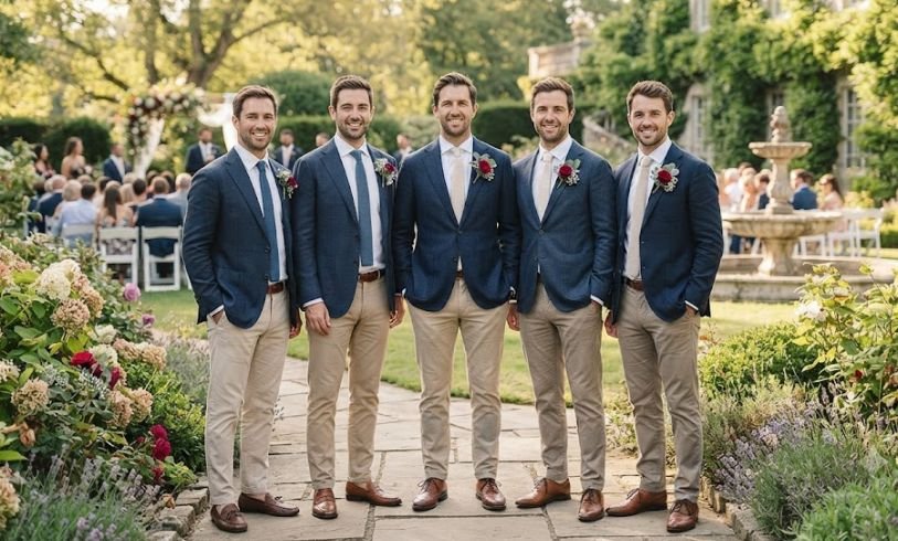 Groomsmen in Blazer And Odd Trousers For A Garden Wedding