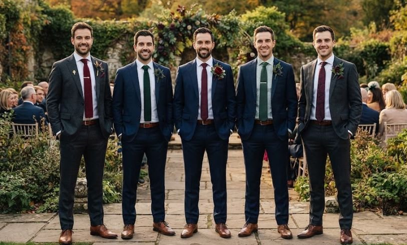 Groomsmen wearing Deep Jewel Tones For A Fall Wedding