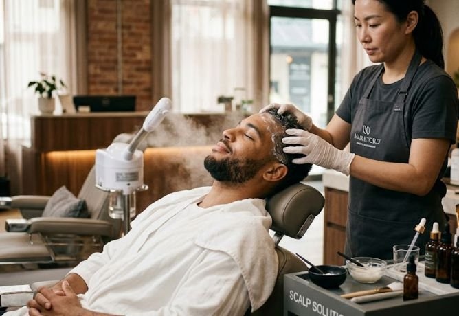 A man receiving hair and scalp grooming