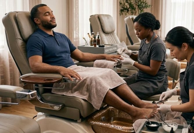 A man receiving Hands, Feet, and Nails grooming
