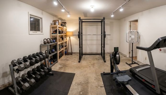 A typical home gym with good space management and lighting