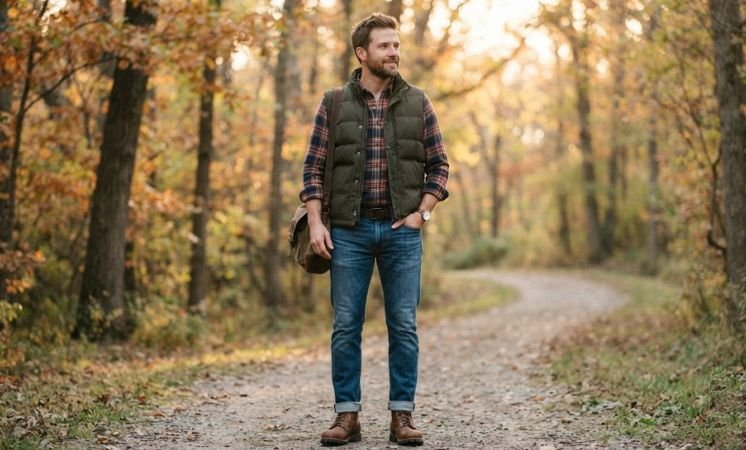 Insulated Vest, Flannel Shirt, And Denim outfit