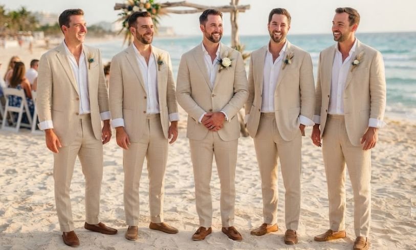 Groomsmen in Linen Suits For A Beach Wedding