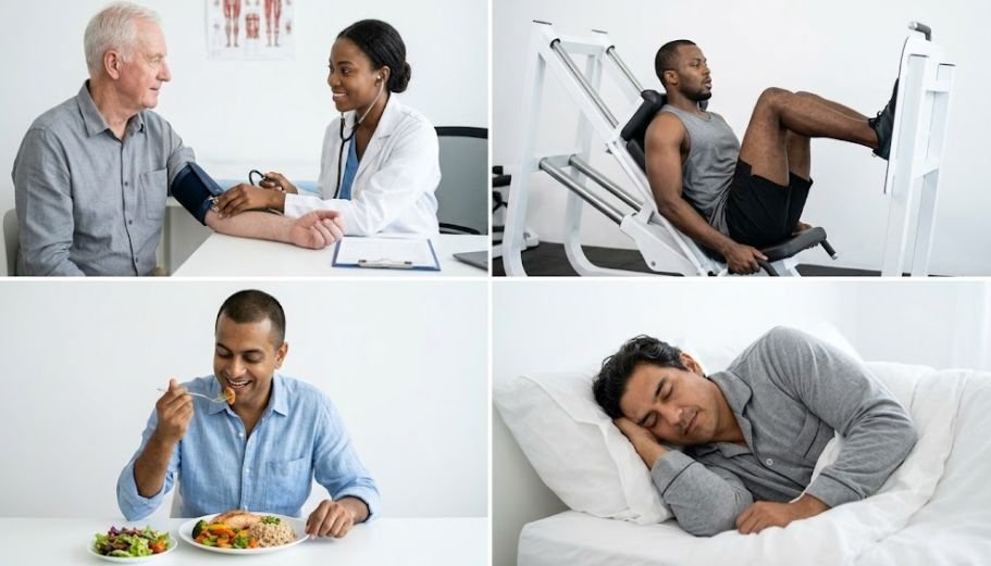 Different men receiving health care and some nutrition and exercise to depict men's health and wellness
