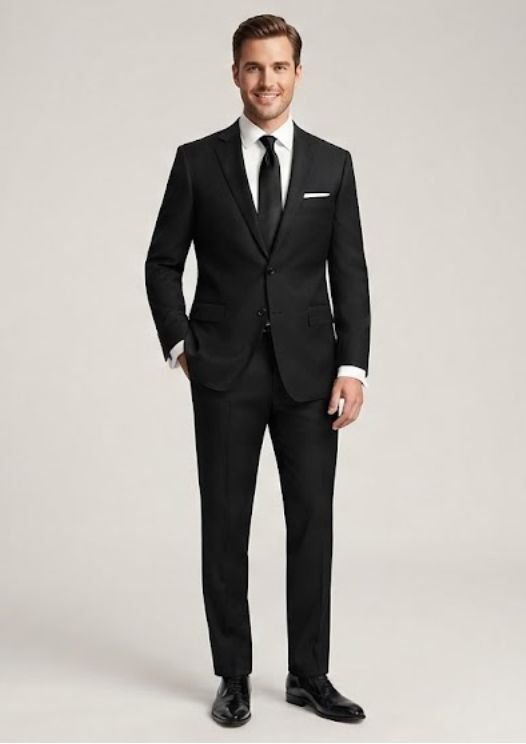 A wedding guest in dark suit outfit