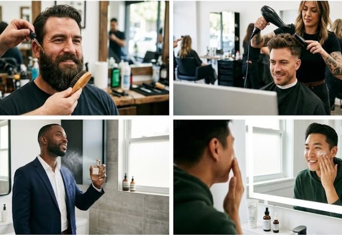 Different men in different men's grooming sessions