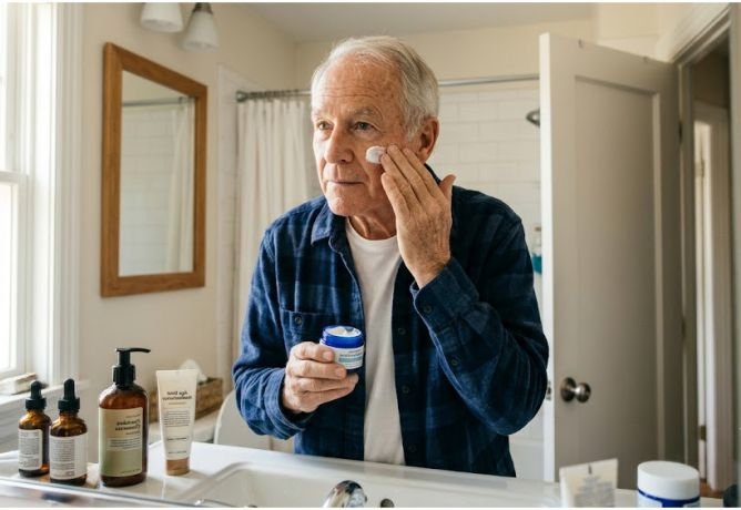 A man applying skincare depicting men's grooming