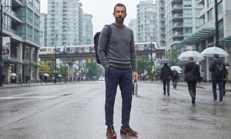 Merino Wool Sweater, Technical Pants, And Trail Shoes outfit