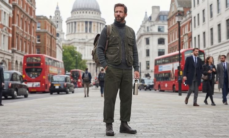 A man in an outfit of Multi-Pocket Utility Vest, Turtleneck, And Wide-Leg Pants
