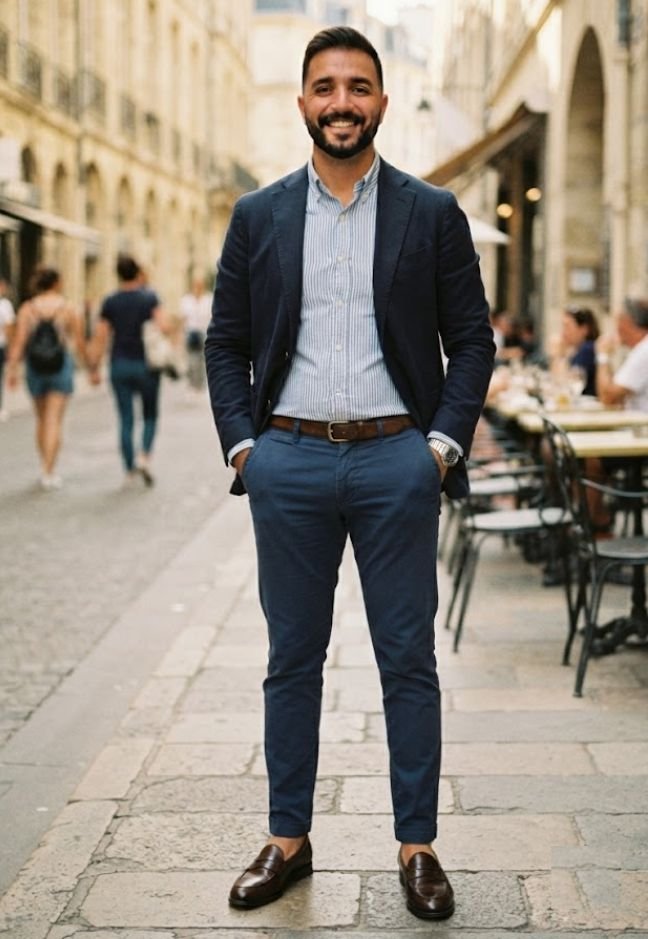 A man in a Navy Chinos with a Blazer and Oxford Shirt