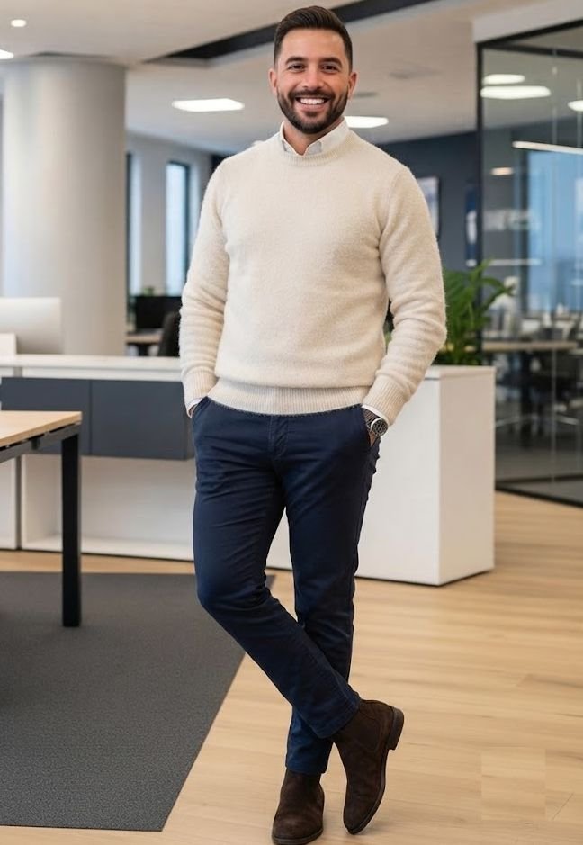 A man wearing Navy Chinos with a Crew-Neck Sweater and Chelsea Boots