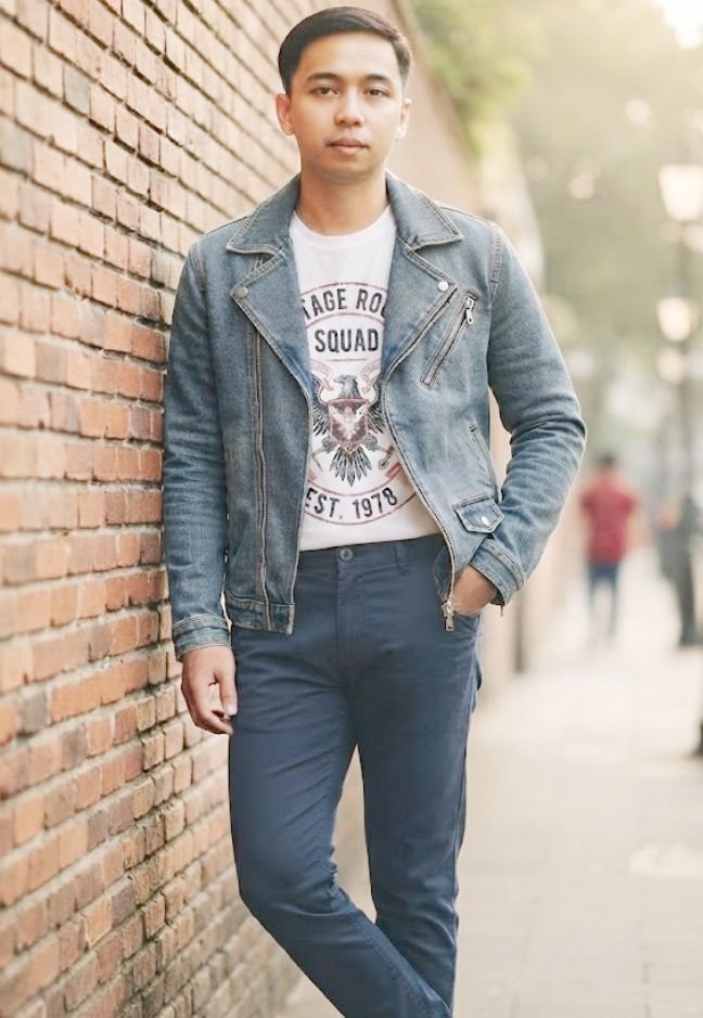 A man styles navy chinos with graphic Tshirt and a denim jacket