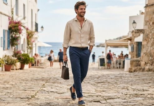 A man in a Navy Chinos with a Linen Shirt and Espadrilles