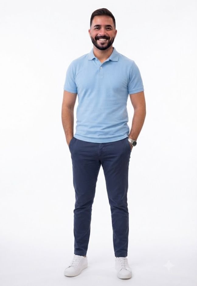 A man styles a Navy Chinos with a Polo Shirt and White Sneakers
