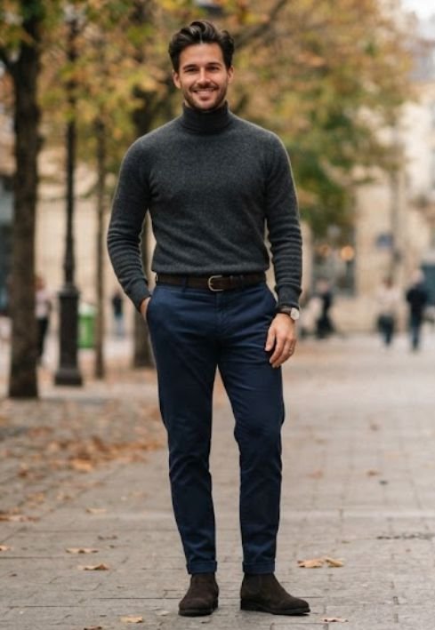 A man in Navy Chinos with a Turtleneck