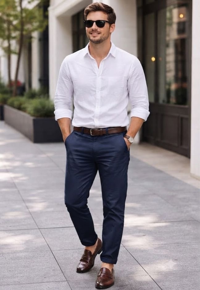 A man in a Navy Chinos with a White Button-Down and Brown Loafers