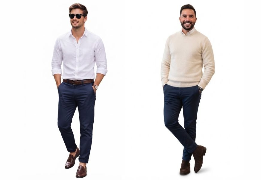 Two men style navy chinos to depict different Ways to Style Navy Chinos for Men