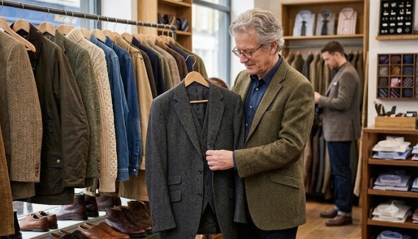 An older man picking clothes