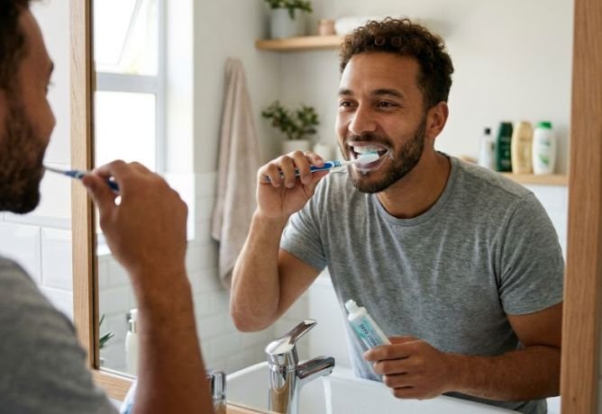 A man brushing his teeth to demonstrate men's oral hygiene in men's grooming
