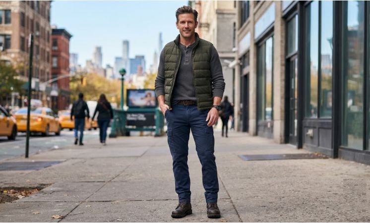 A man in an outfit of Puffer Vest, Thermal Henley, And Utility Pants