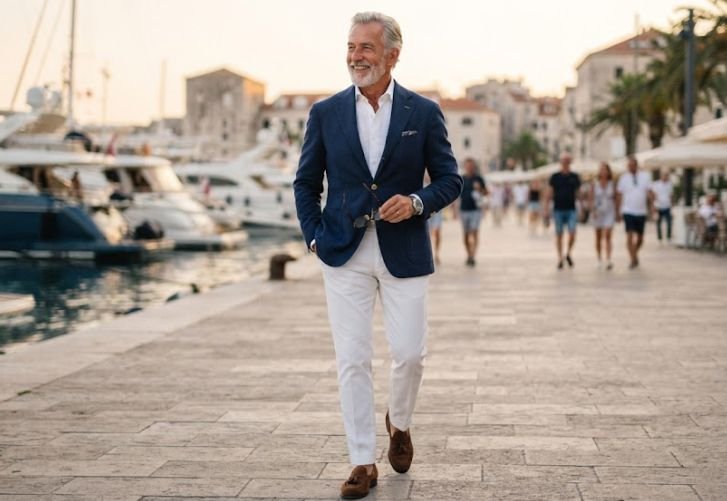 A man styling a white chinos with a navy blue blazer and crisp white shirt