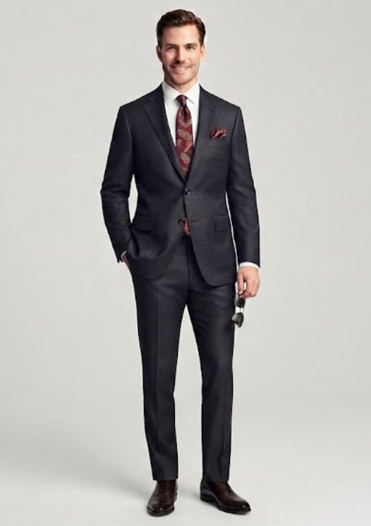 A wedding guest man in Suit With Bold Tie And Pocket Square