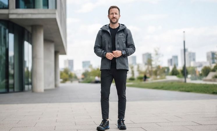 A man wearing Technical Shell Jacket, Joggers, And Chunky Trainers