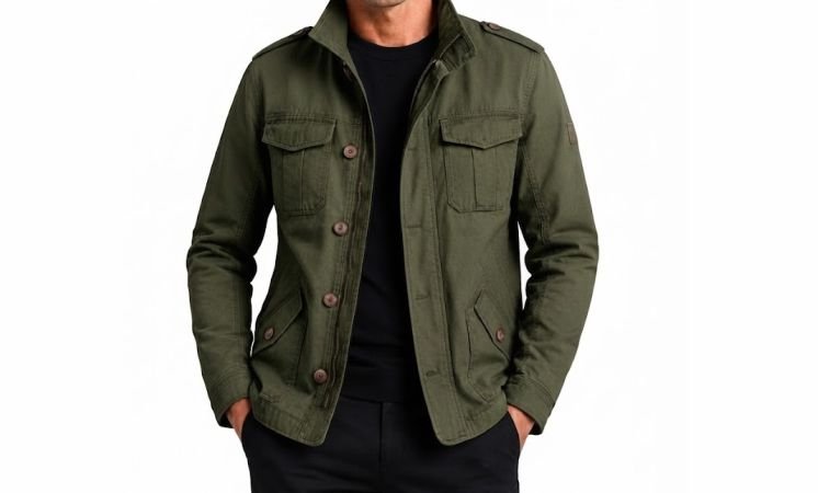 A man in a men's utility jacket