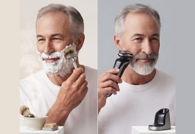 Two men using Wet Shave and Electric Razor
